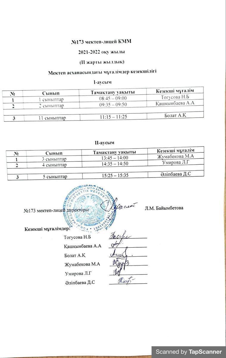 Мектеп асханасындағы мұғалімдер кезекшілігі