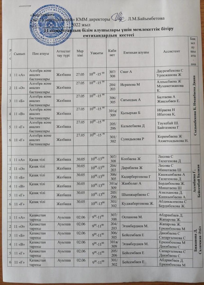 9, 11сыныптарда жүргізілетін емтихан кестесі