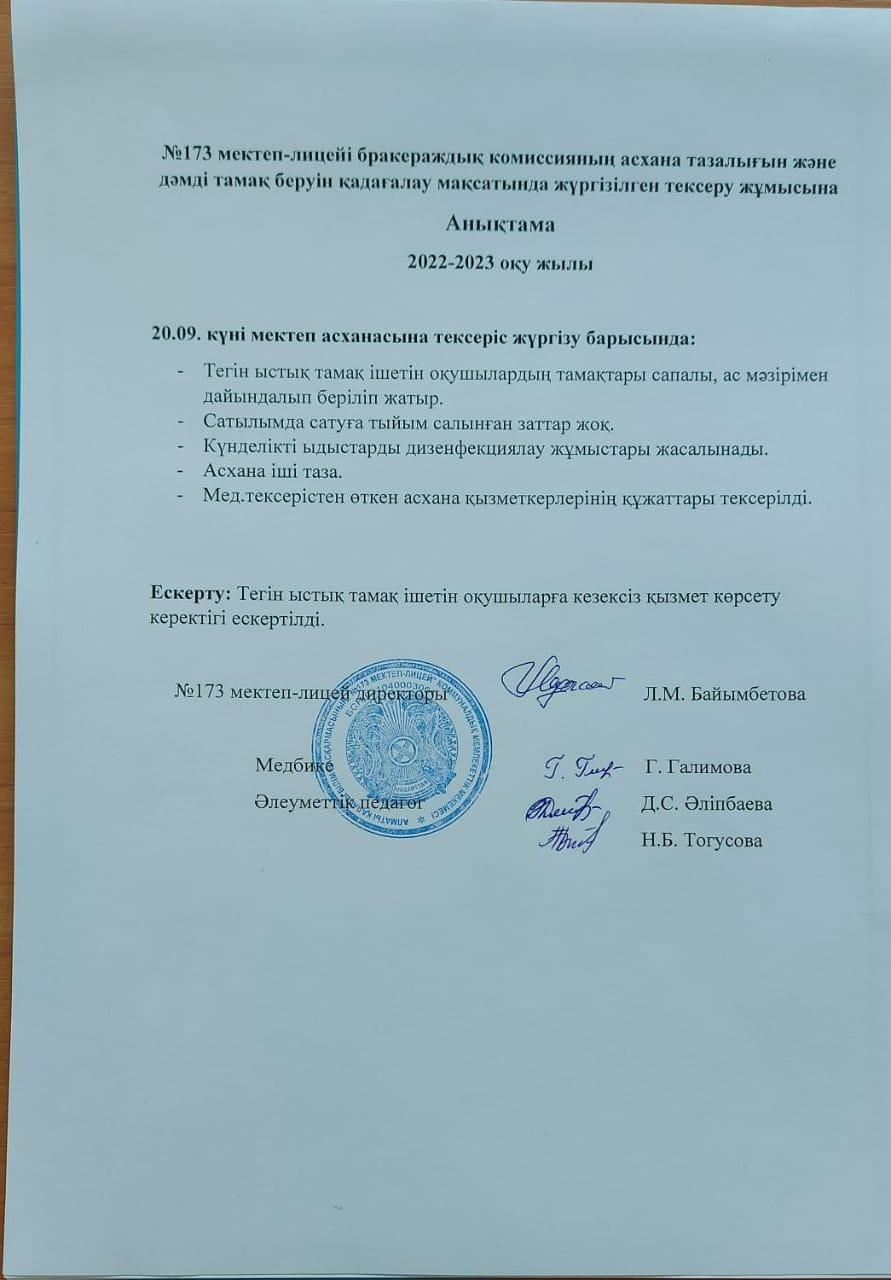 Бракеражды комиссияның асхана тазалығын тексеруі жөніндегі анықтамасы