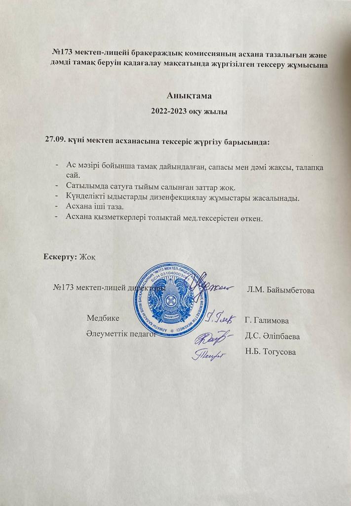 Бракеражды комиссияның асхана тазалығын тексерудегі анықтамасы