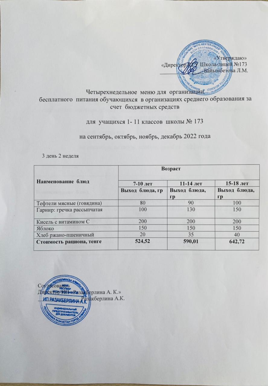 1-4 сыныптарға берілетін тегін ыстық тамақ (ас мәзірі бойынша)