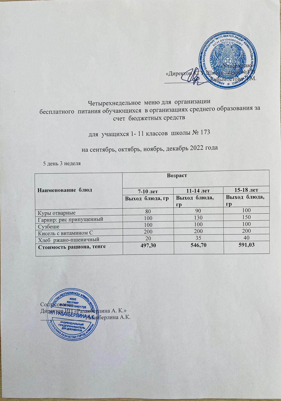 Ыстық тамақ (ас мәзірі бойынша)