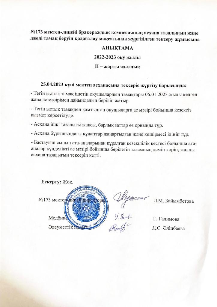 №173 мектеп-лицей бракераждық комиссияның  асхана тазалығын және дәмді тамақ беруін қадағалау мақсаиында жүргізілген тексеру жұмысына нықтама