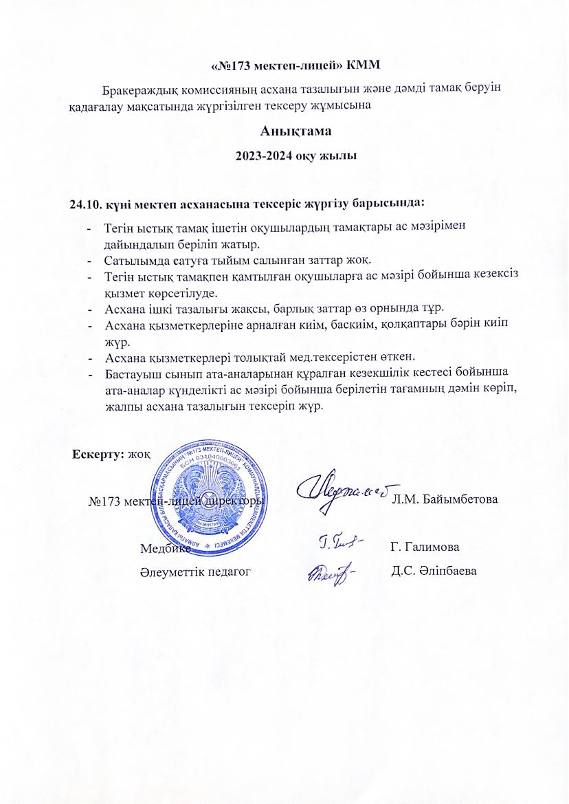Бракераждық комиссияның асхана тазалығын және дәмді тамақ беруін қадағалау мақсатында жүргізілген тексеру жұмысына анықтама