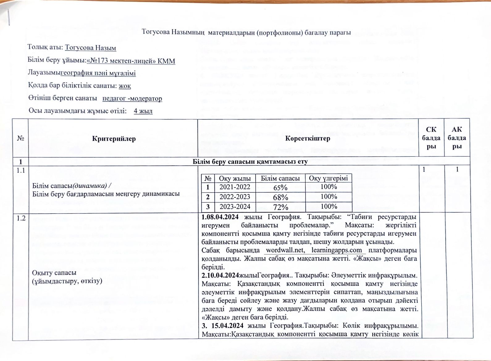 Бағалау парағы Тогусова Назым