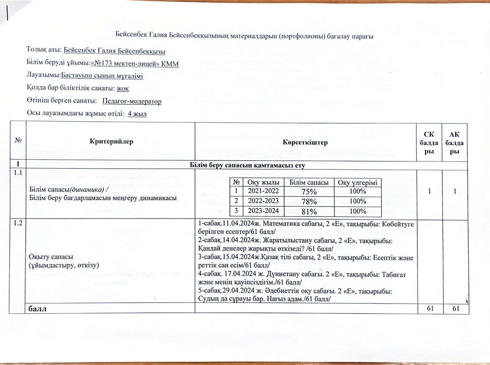 Бағалау парағы Бейсенбек Ғалия