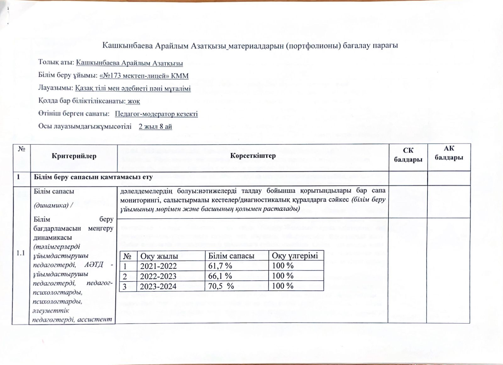 Бағалау парағы Кашкынбаева Арайлым