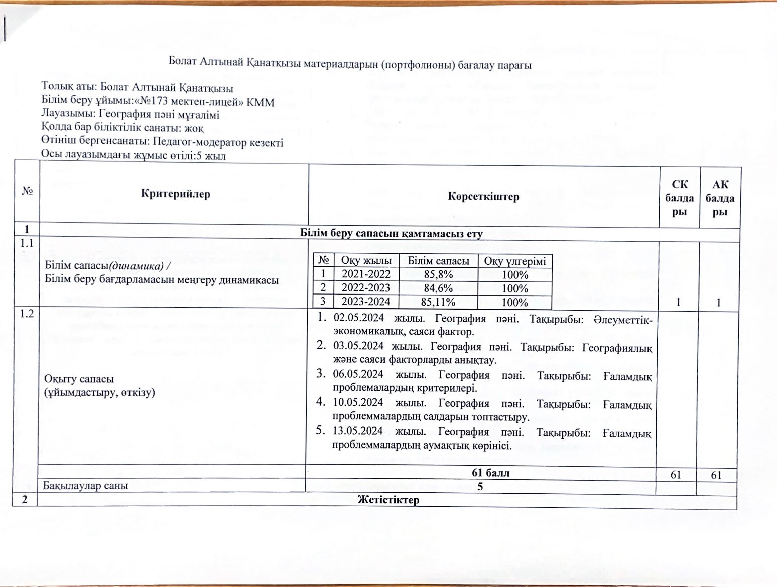Бағалау парағы Болат Алтынай