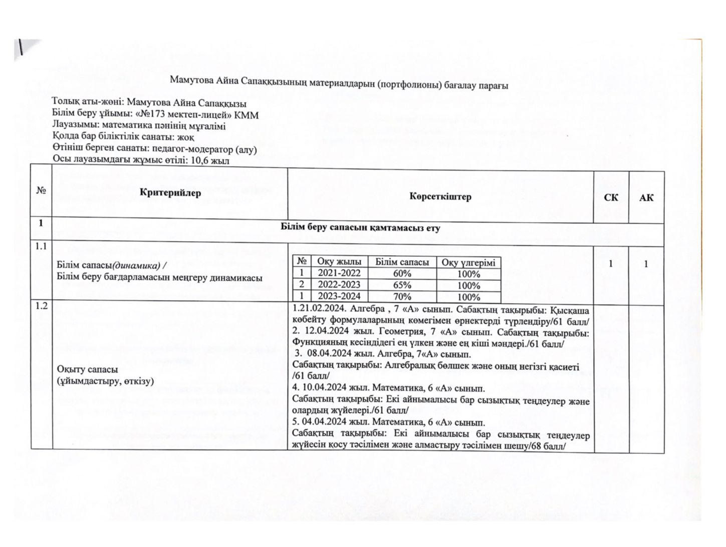 Бағалау парағы Мамутова Айна