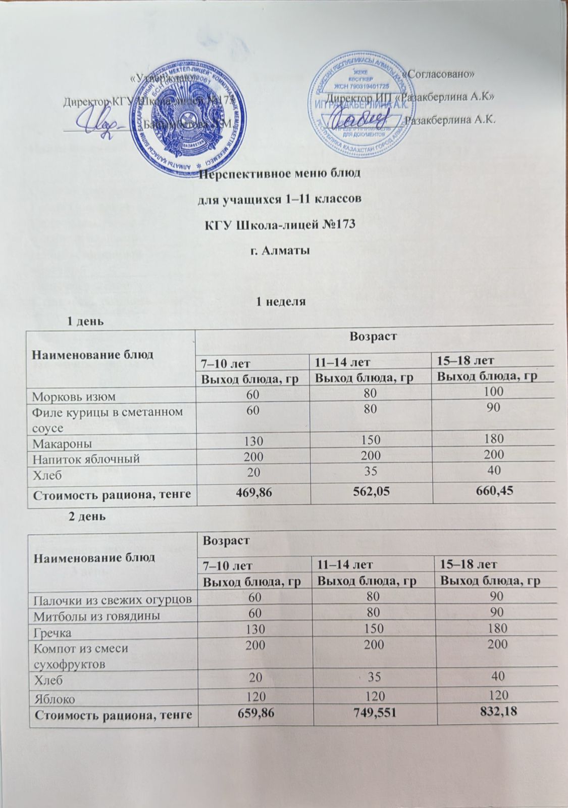 Мәзір (бағалары көрсетілген перспективалы ақылы ыстық тамақ мәзірі)