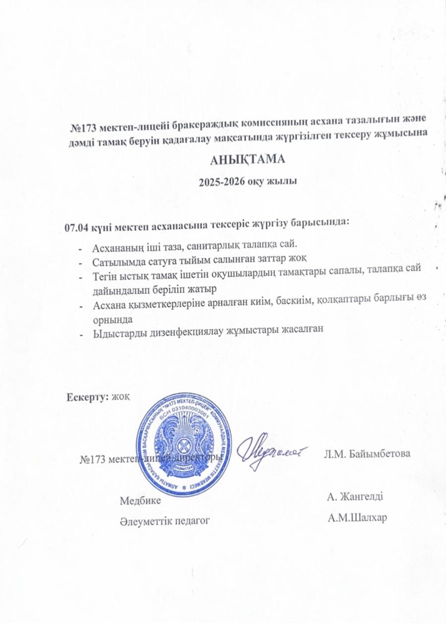 № 173 мектеп-лицейі бракераждық комиссияның асхана тазалығын және дәмді тамақ беруін қадағалау мақсатында жүргізілген тексеру жұмысына анықтама